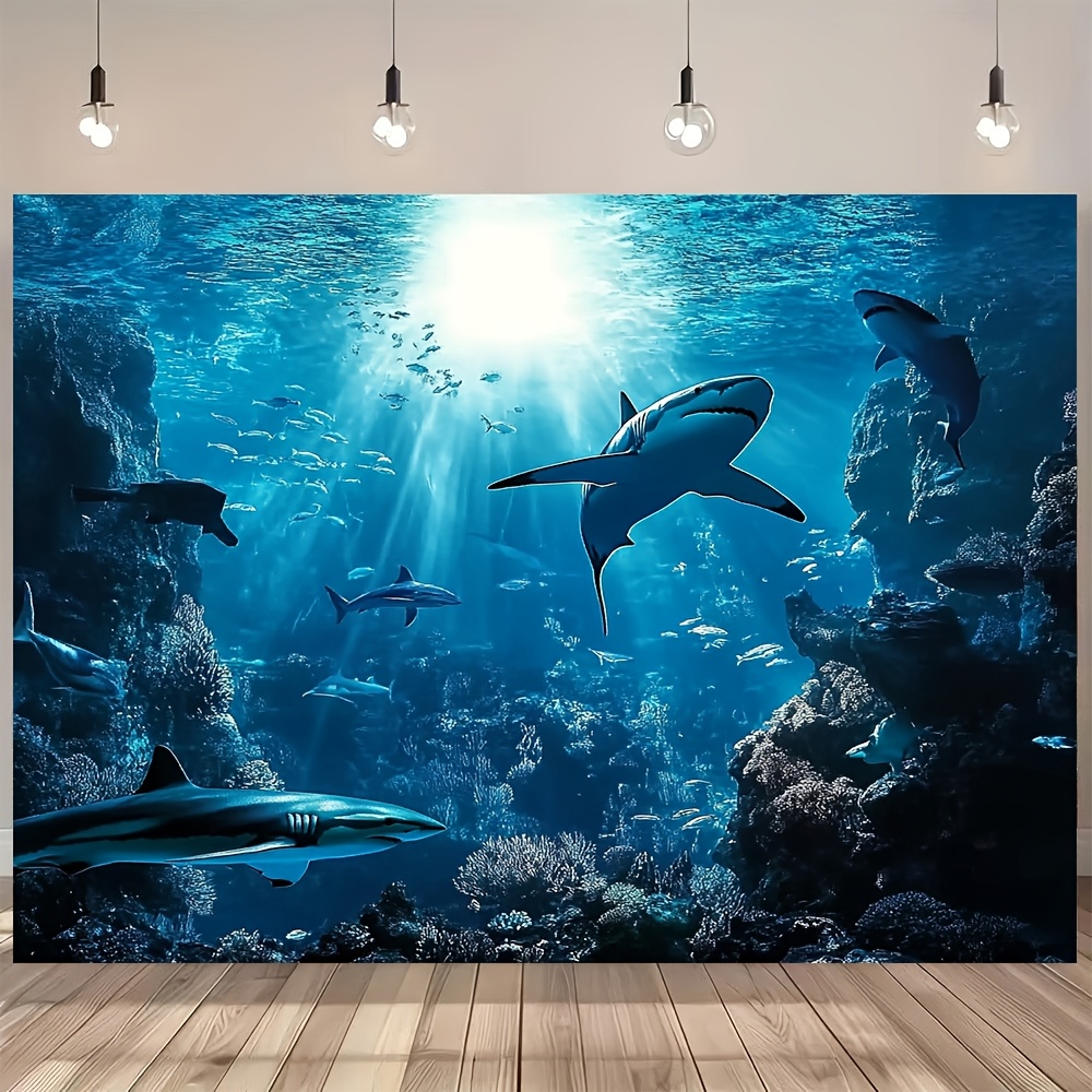 Marine Life Aquariums - Majestueus diepzeehaai wandtapijt blauwe oceaan zeeleven
